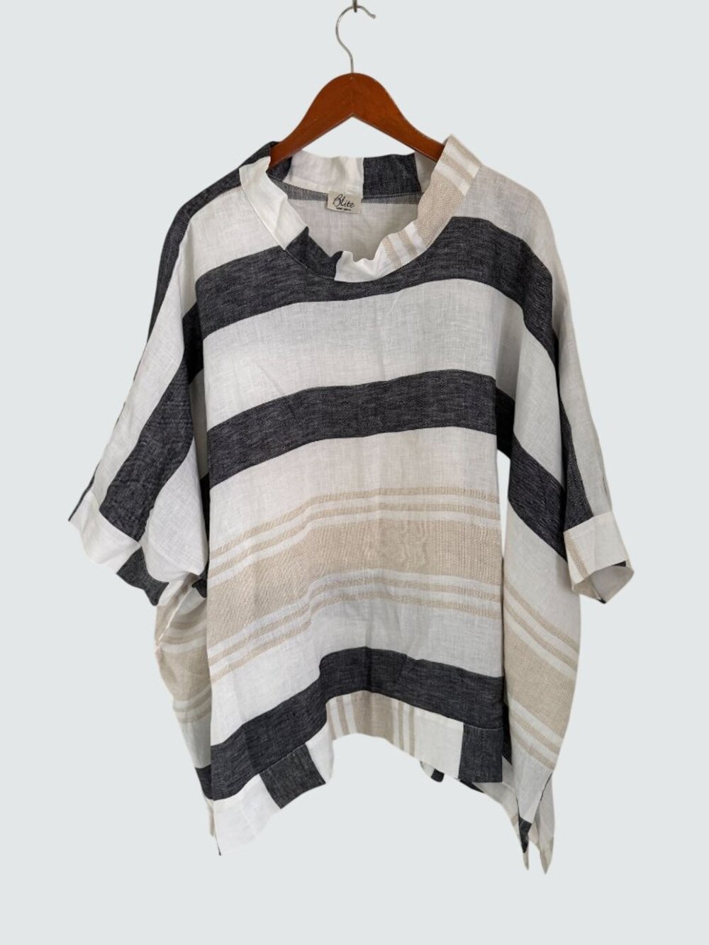 Blite Womens Striped Linen Poncho Top - Made In Italy Black & Beige